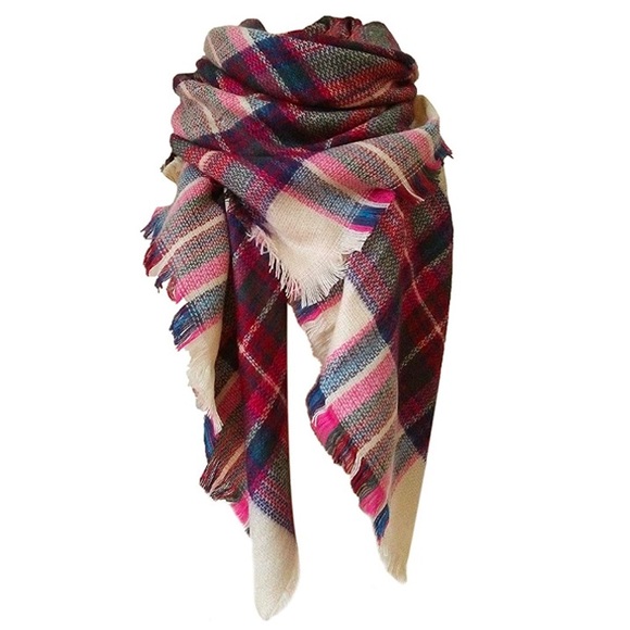 Cream Pink Soft Plaid Scarf -NEW - Picture 3 of 6